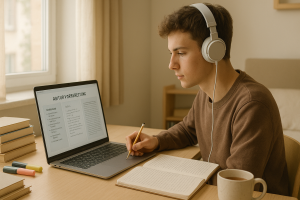Jugendlicher im Ausland nutzt Lernmaterialien, um sich erfolgreich auf das Abitur Deutsch vorbereiten.
