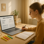 Schülerin bereitet sich online auf das Abitur Deutsch vorbereiten vor und arbeitet an literarischen Analyseaufgaben.