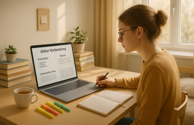 Schülerin bereitet sich online auf das Abitur Deutsch vorbereiten vor und arbeitet an literarischen Analyseaufgaben.