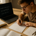 Schüler lernt konzentriert für seine Mathematik Abitur Vorbereitung mit Laptop und Aufgaben