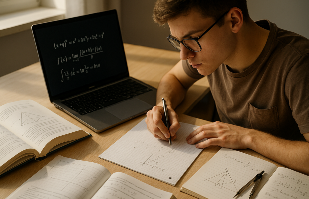 Schüler lernt konzentriert für seine Mathematik Abitur Vorbereitung mit Laptop und Aufgaben