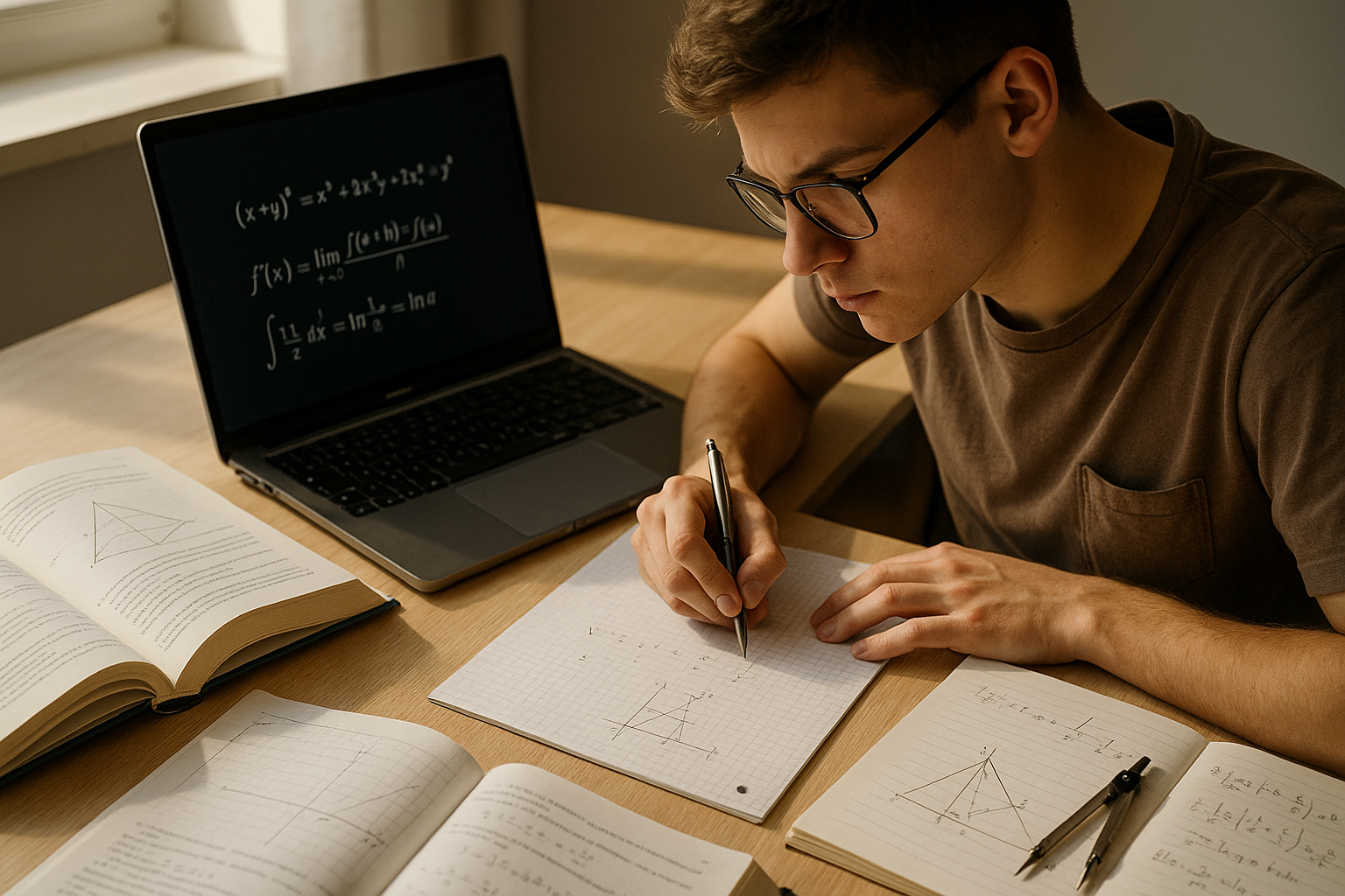 Schüler lernt konzentriert für seine Mathematik Abitur Vorbereitung mit Laptop und Aufgaben