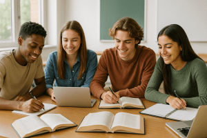 Grupo de estudiantes siguiendo una rutina de estudio en conjunto con libros y ordenadores portátiles
