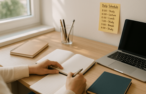 Estudiante con una rutina de estudio organizada en un escritorio moderno con portátil y notas