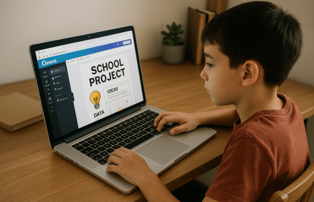 Niño usando Canva para deberes visuales.