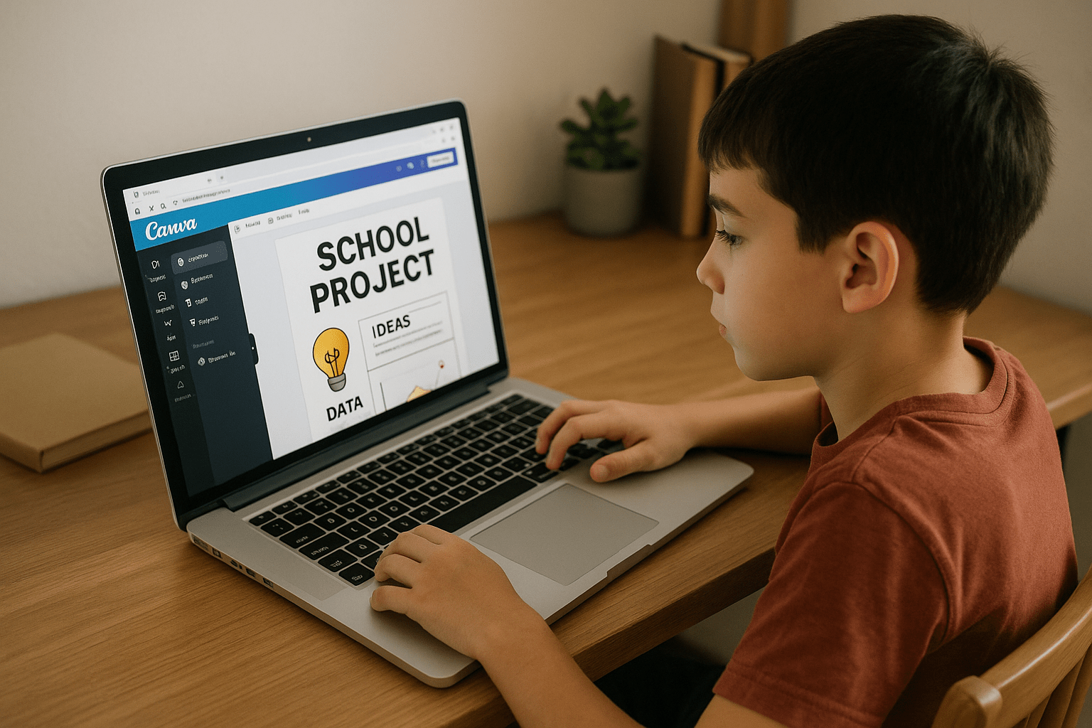 Niño usando Canva para deberes visuales.