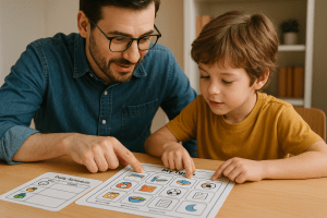 Padre ayudando a su hijo a planificar tareas con plantillas visuales.