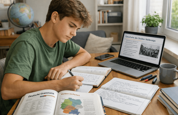 Estudiante que necesita preparar el Abitur desde el extranjero en un entorno de estudio tranquilo con materiales académicos en alemán.