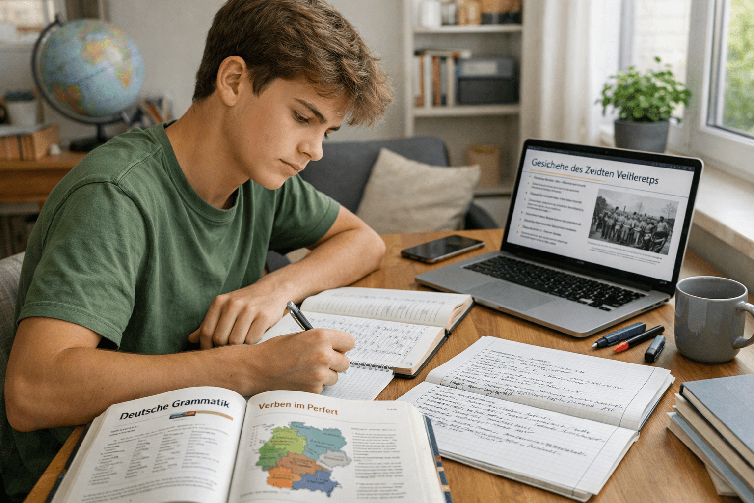 Estudiante que necesita preparar el Abitur desde el extranjero en un entorno de estudio tranquilo con materiales académicos en alemán.