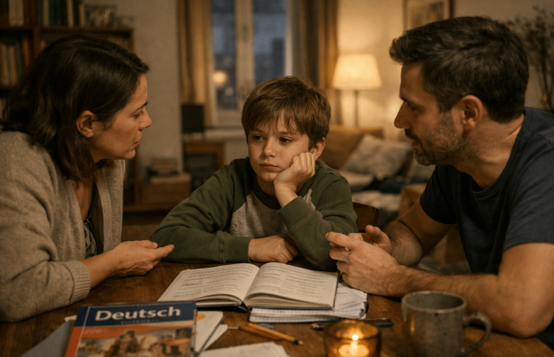 Familia ayudando a su hijo con deberes en alemán cuando el alemán no es la lengua dominante en casa