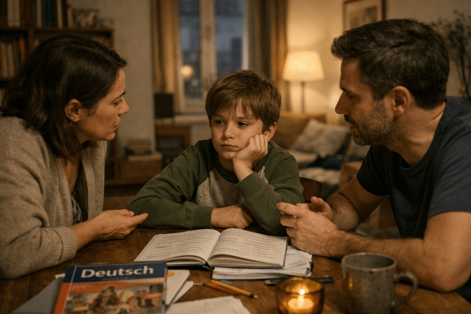 Familia ayudando a su hijo con deberes en alemán cuando el alemán no es la lengua dominante en casa